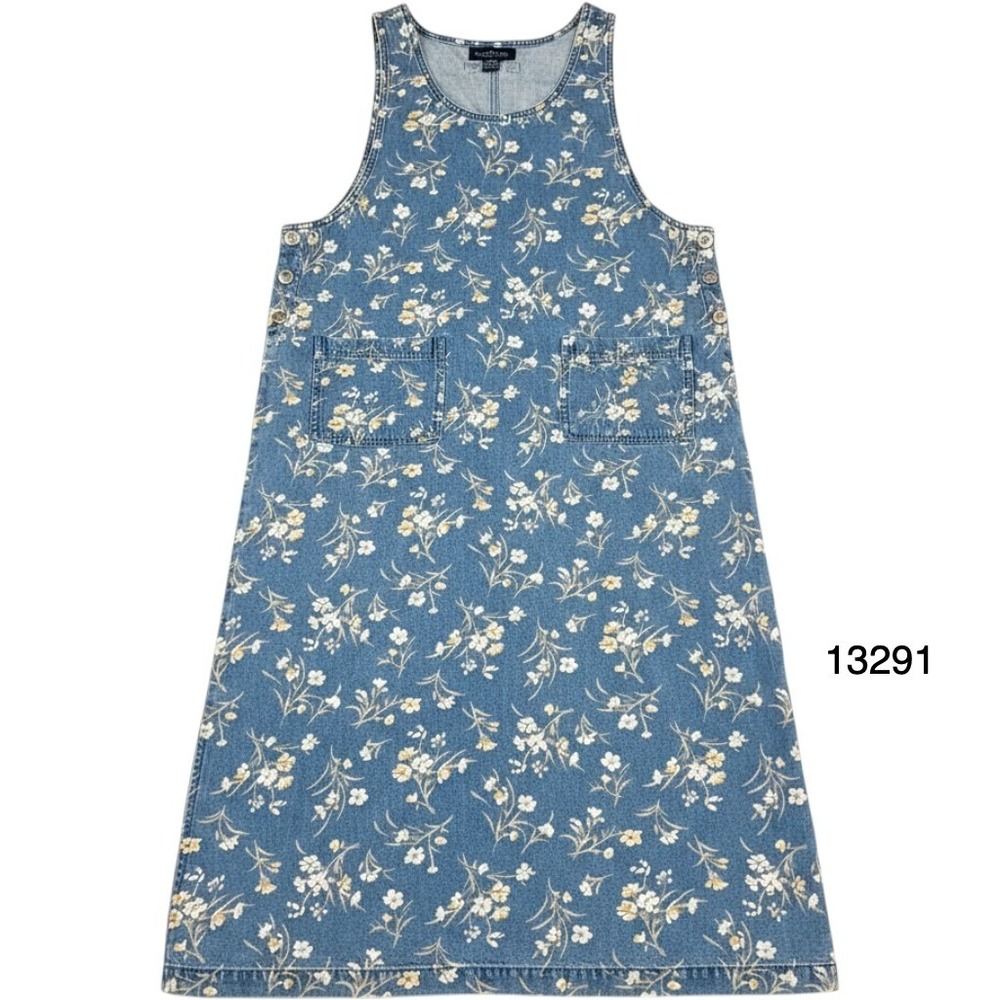 Vintage Original TY Wear Maxi Dress Womens 14 Blue Denim Floral Cotton Pockets